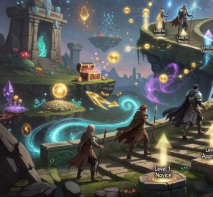 Szintlépési és haladási illusztráció az Ultimate Realm X világából