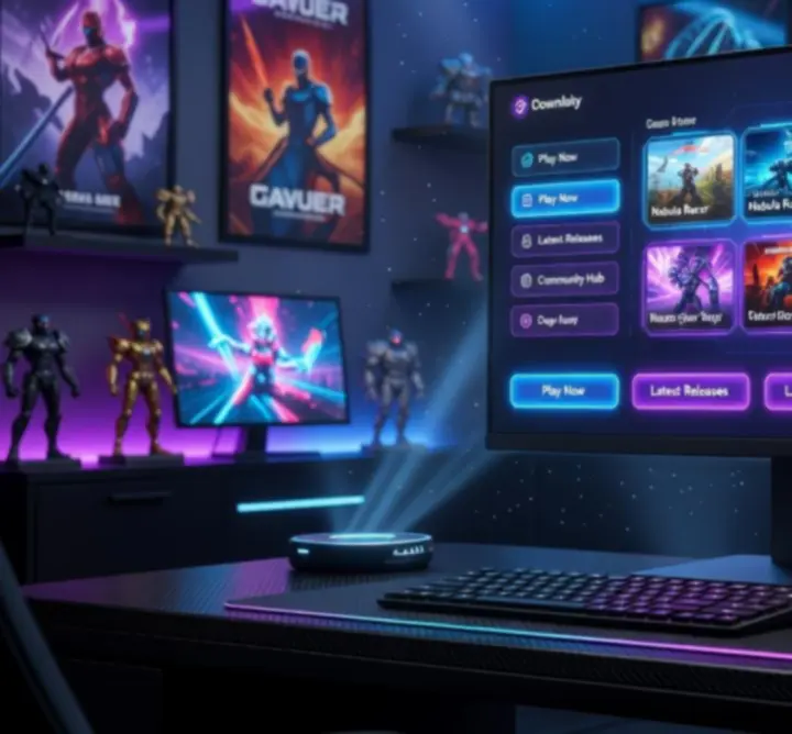 Ultimate Realm X platform futurisztikus játékmenü és útmutató nézettel